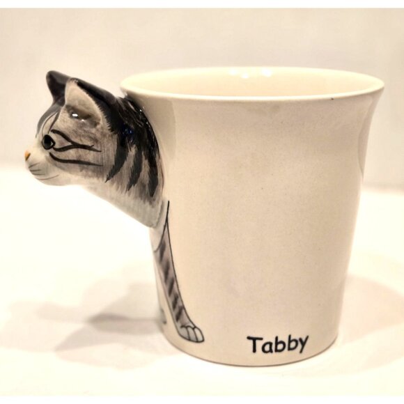 Tabby Kitty Cat Coffee Mug Sea Island Grey Ceramic Hand-Painted 3D - Picture 2 of 5